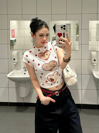 Baobaotang Women's Retro American-Style Polka-Dot Cat Print Slim-Fit Short-Sleeve T-Shirt – Summer Cropped Top for a Flattering, Trendy Look