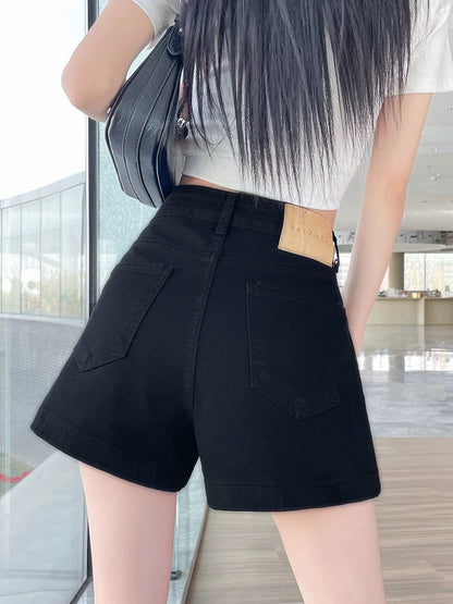 Black denim shorts women 2025 summer thin high waist loose large size fat mm American hot girl a-line hot pants