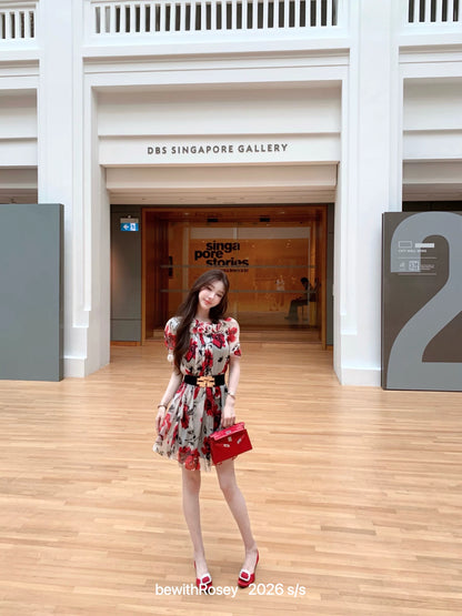 bewithRosey 【Passionate Roses】High Vitality Petal Collar Printed Babydoll Dress with Puff Sleeves