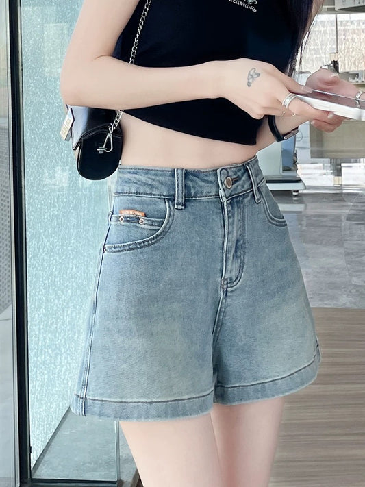 Black denim shorts women 2025 summer thin high waist loose large size fat mm American hot girl a-line hot pants