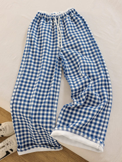 Great~ Can suit all kinds of leg shapes~ Blue and white plaid casual pants for women, loose straight pants, slim spring new style