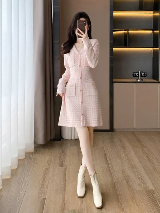 Pink small fragrant knitted V-neck dress for women, autumn and winter style, high-end, super good-looking, inner bottoming skirt