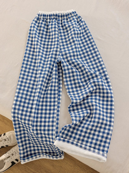 Great~ Can suit all kinds of leg shapes~ Blue and white plaid casual pants for women, loose straight pants, slim spring new style