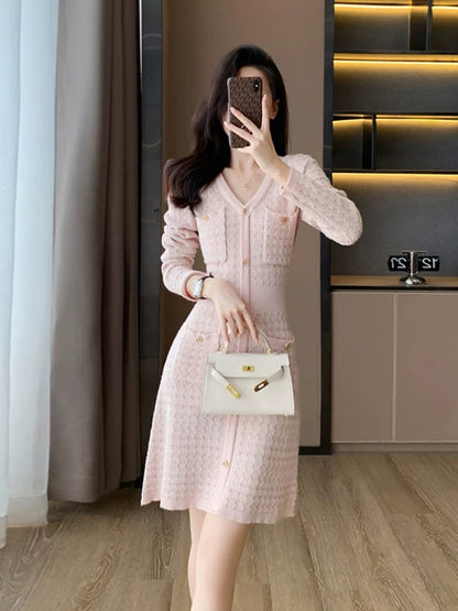 Pink small fragrant knitted V-neck dress for women, autumn and winter style, high-end, super good-looking, inner bottoming skirt