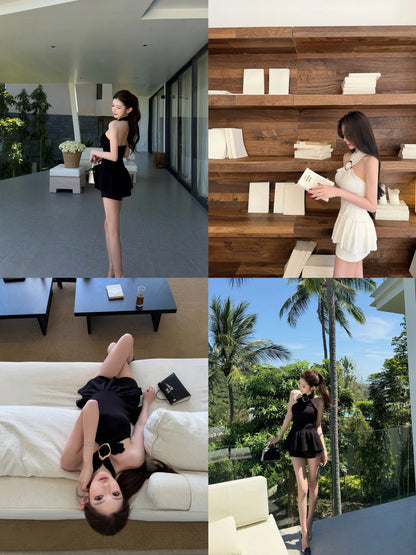 [In Stock] CHICYOU "Heartbeat" Halter Neck Gold Ring Buckle Ruffle Hem Fitted Waist Knitted Camisole