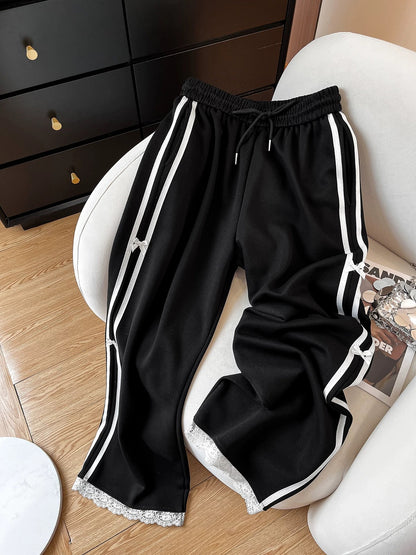 The upper body immediately makes the legs look straight! Black splicing contrast color casual pants for women new hot style straight floor-length pants ins