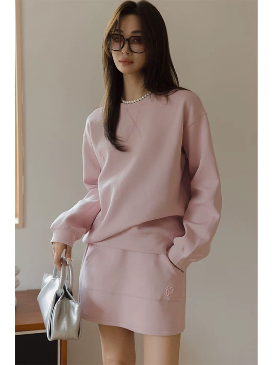 Princess Pink Casual Sports Autumn Suit Women's 2024 New Loose Round Neck Sweatshirt Short Skirt
