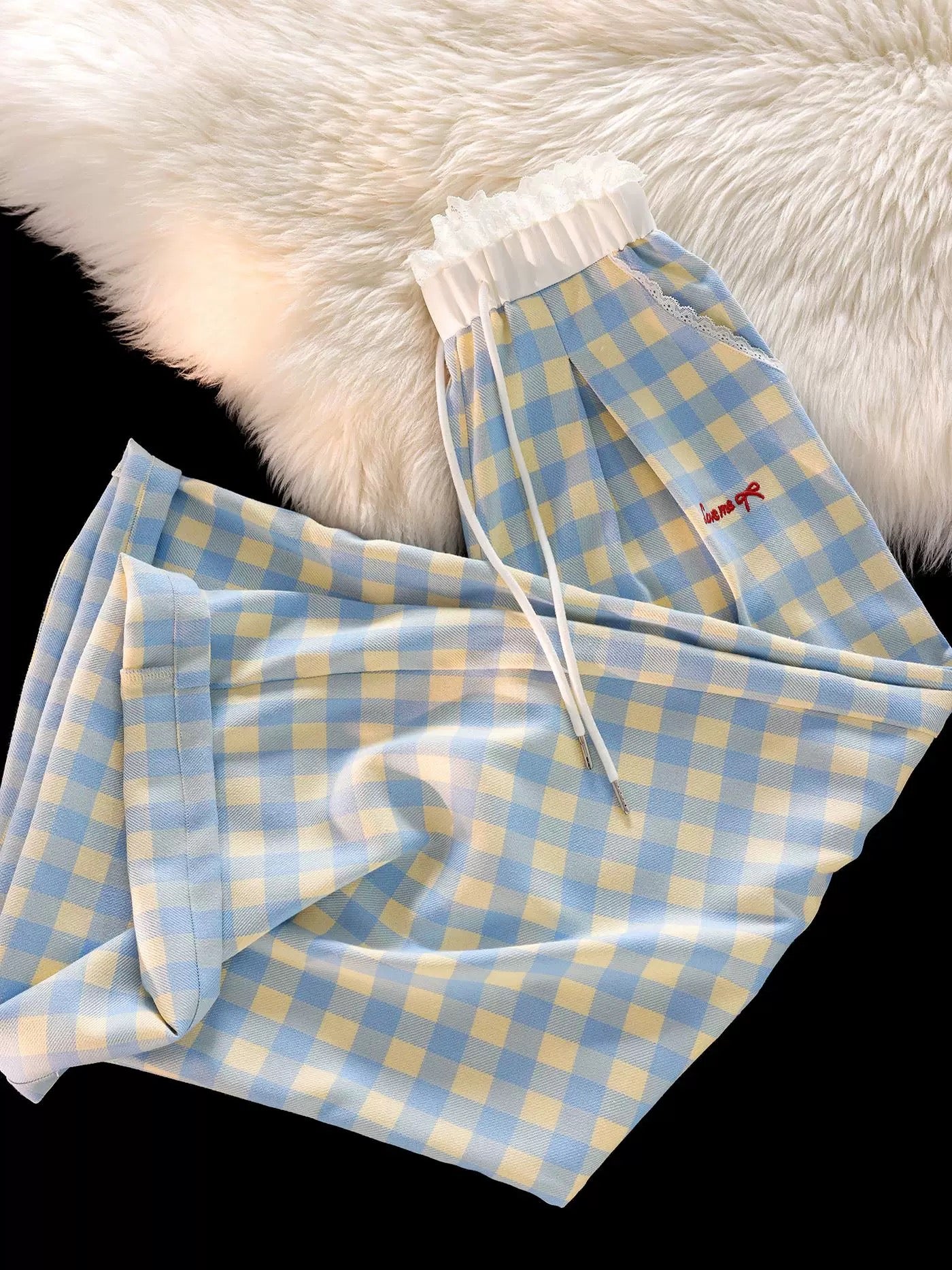 The best style~ the pants are awesome! American style hot girl light blue plaid casual pants for women spliced fake two-piece wide-leg pants