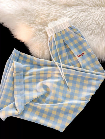 The best style~ the pants are awesome! American style hot girl light blue plaid casual pants for women spliced fake two-piece wide-leg pants