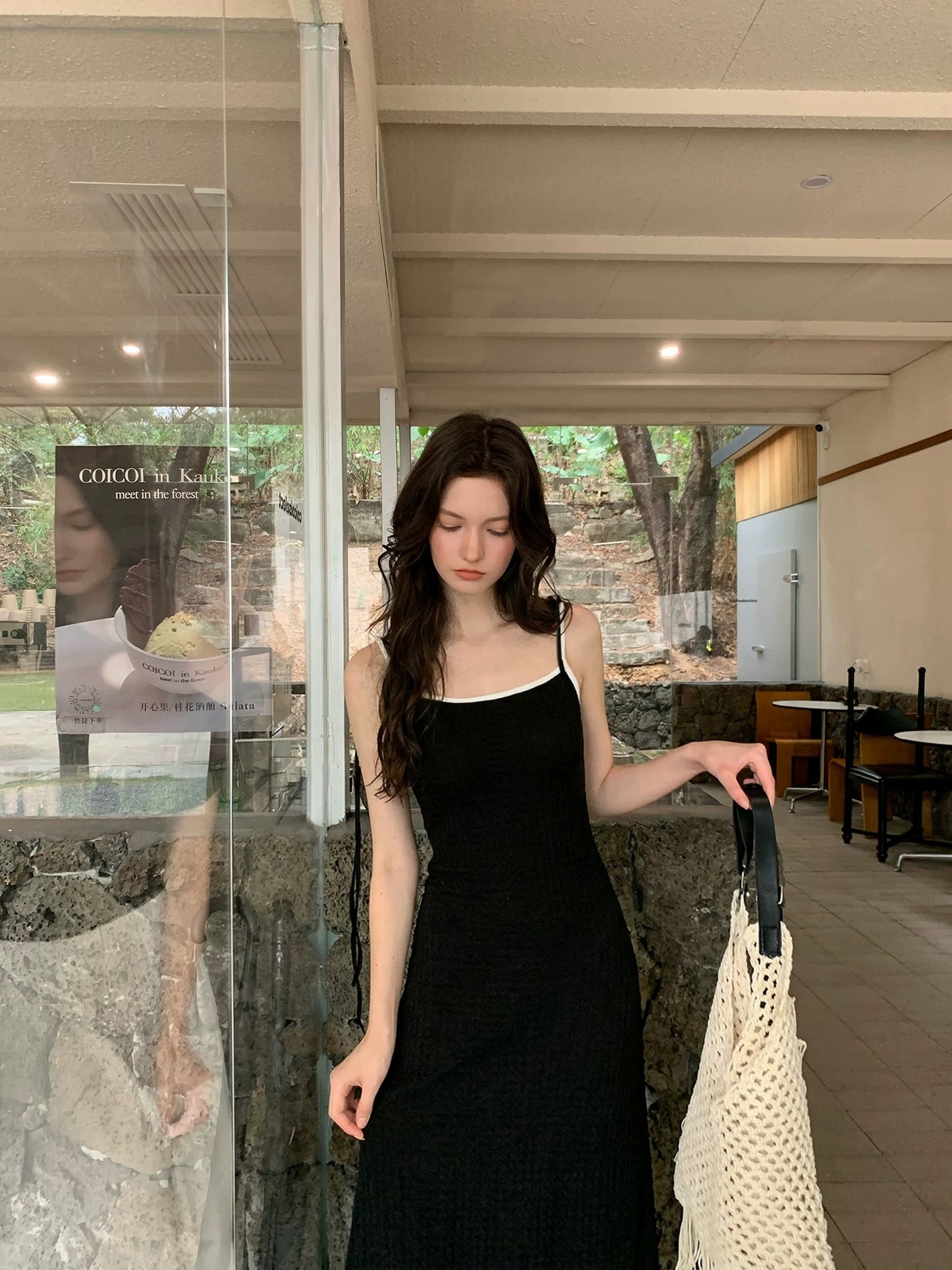 Creamsu's two-piece slim-fit suspender dress for women, summer high-end waist-cinching A-line skirt, versatile long dress.