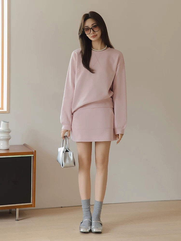 Princess Pink Casual Sports Autumn Suit Women's 2024 New Loose Round Neck Sweatshirt Short Skirt