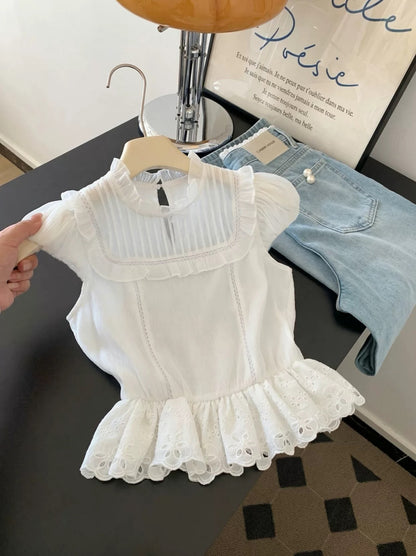 Stay Awake's must-have item~ French-style ruffled short-sleeved lace blouse, women's design, fitted waist top