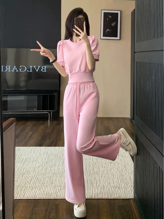 Pink sports and leisure suit for women summer 2024 new fashion age-reducing internet celebrity short-sleeved wide-leg pants two-piece set with western style