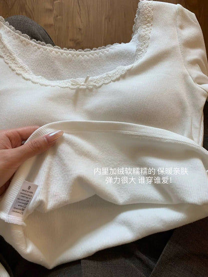 [Free shipping insurance] French gentle style lace velvet brushed bottoming shirt for women with slim long-sleeved T-shirt