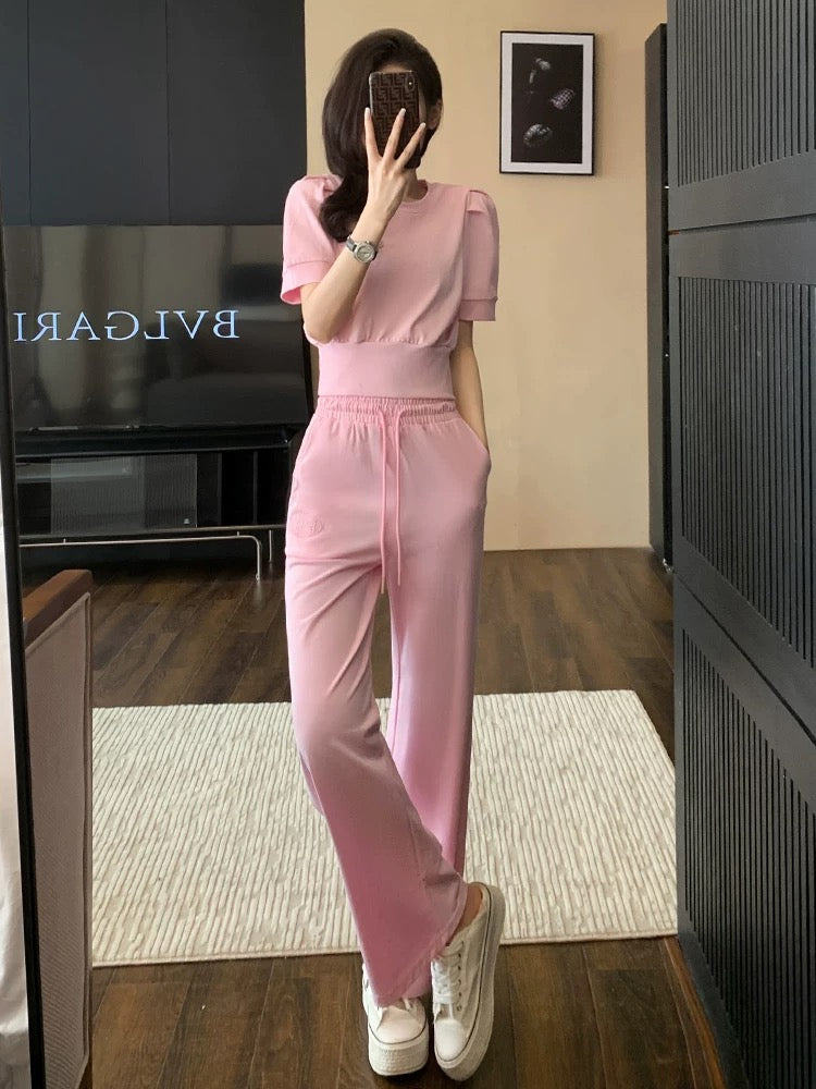 Pink sports and leisure suit for women summer 2024 new fashion age-reducing internet celebrity short-sleeved wide-leg pants two-piece set with western style