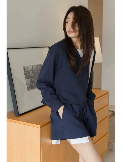 Princess Original Gray Green Casual Sports Suit for Small Women 2024 Spring and Autumn V-neck Short Sweatshirt Shorts