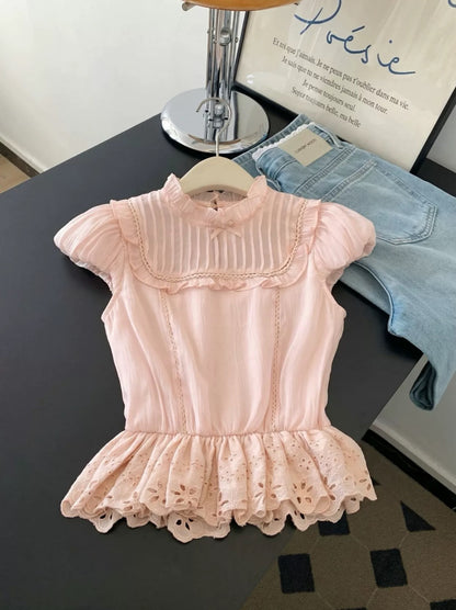 Stay Awake's must-have item~ French-style ruffled short-sleeved lace blouse, women's design, fitted waist top