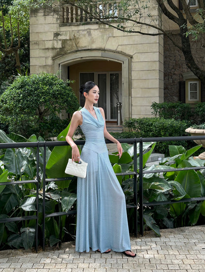 VENUIE Sexy Blue Striped Halter Neck Dress, Unique Design, Slim Waist, Long Sleeveless Vest Dress