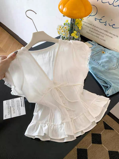 Yesterday's Romantic Korean Style Gentle Sweet Lace Ruffle Tie-Waist Slimming Short-Sleeve Shirt Top for Women, Summer