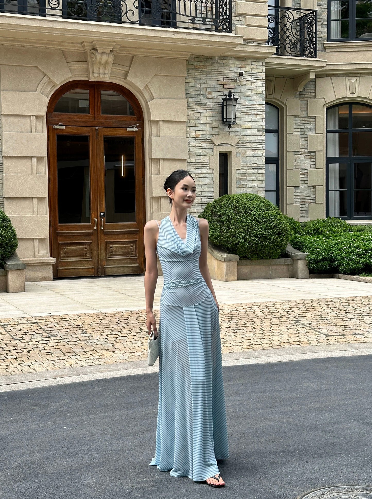 VENUIE Sexy Blue Striped Halter Neck Dress, Unique Design, Slim Waist, Long Sleeveless Vest Dress