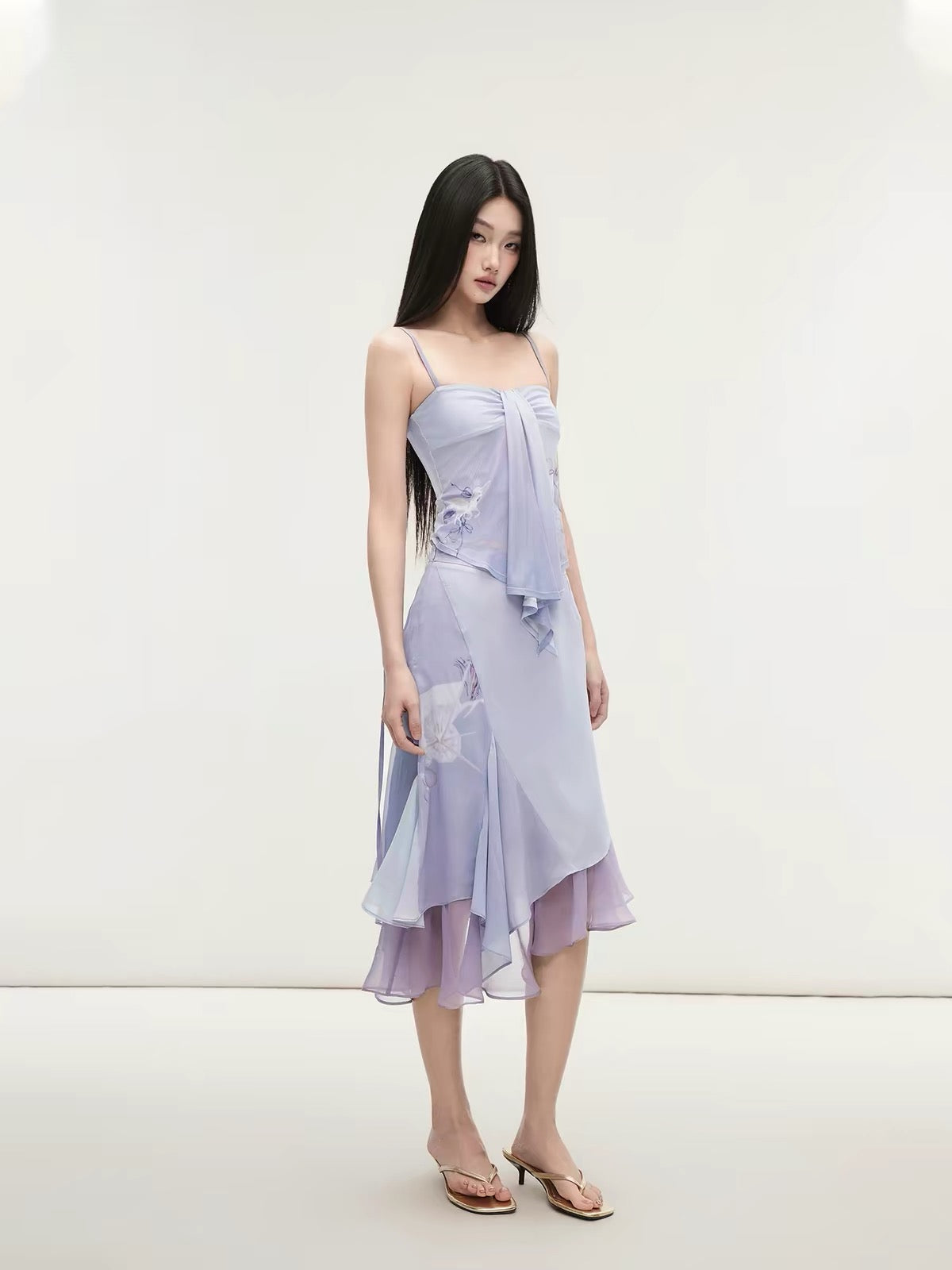 Matin Gris Purple Mesh Print Camisole & Double-Layer Lace Skirt Set with Ribbon Detail