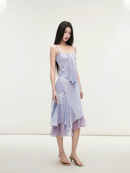 Matin Gris Purple Mesh Print Camisole & Double-Layer Lace Skirt Set with Ribbon Detail