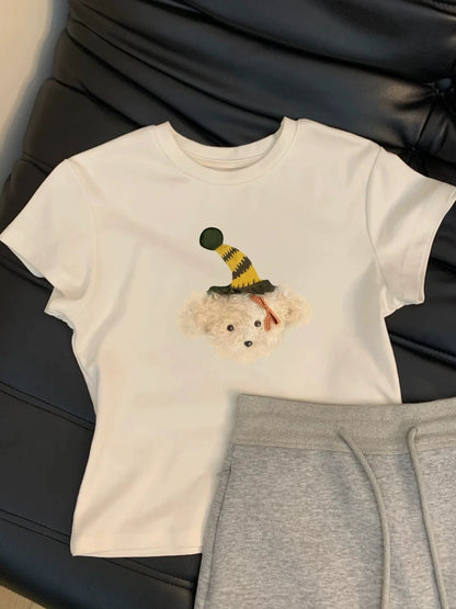 Fashionable and effortless! Great value for money! Cute bear summer new suit women's white straight shoulder T-shirt