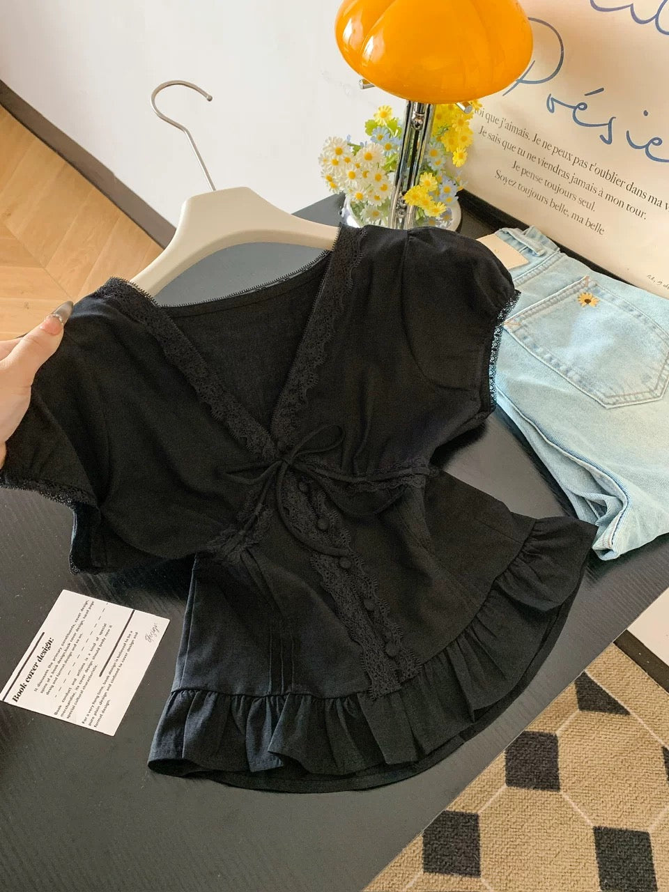 Yesterday's Romantic Korean Style Gentle Sweet Lace Ruffle Tie-Waist Slimming Short-Sleeve Shirt Top for Women, Summer