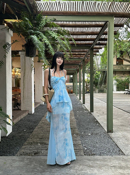 VENUIE Unique and Beautiful Chiffon Floral Print Long Blue Halter Neck Backless Dress