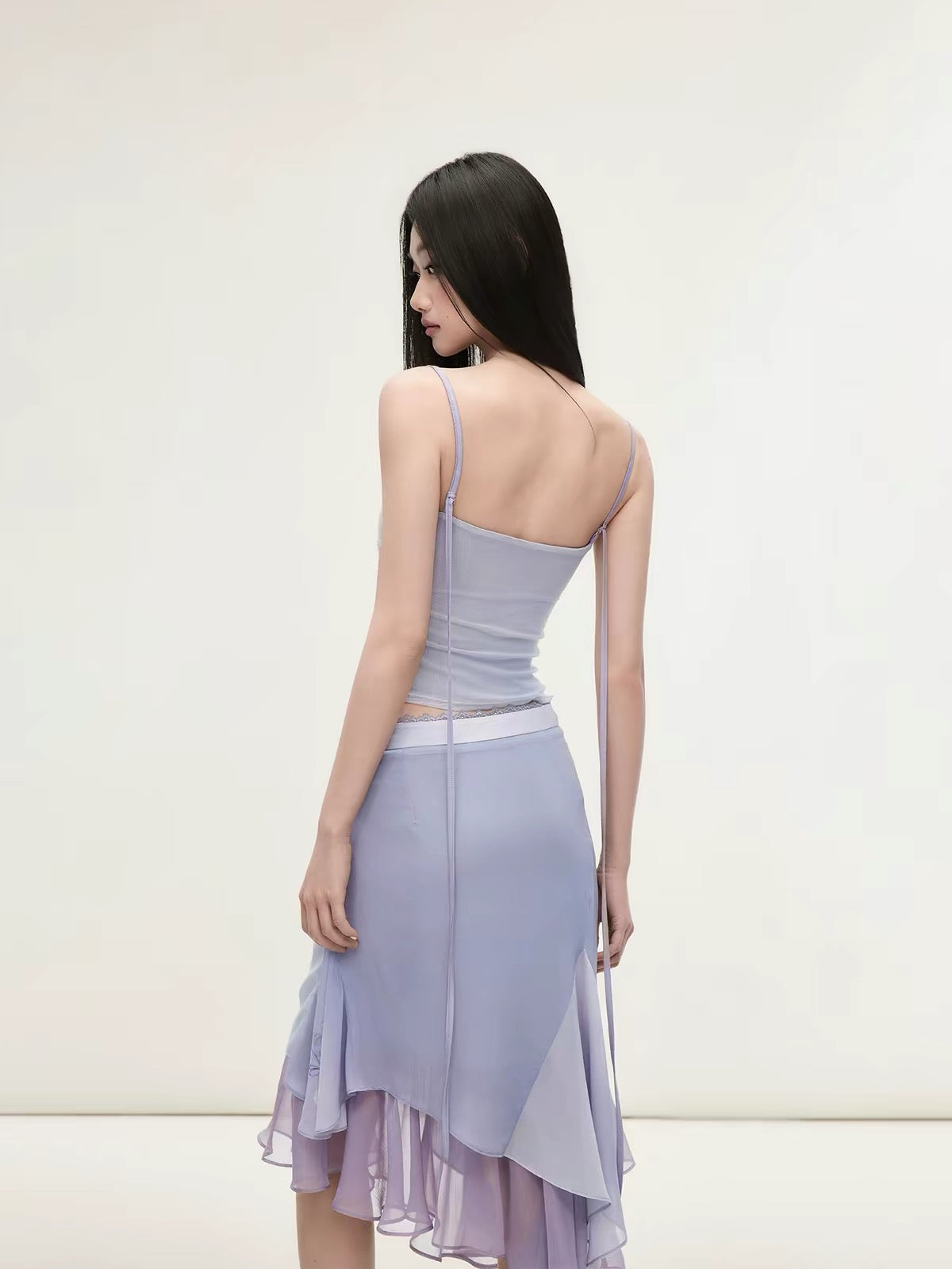 Matin Gris Purple Mesh Print Camisole & Double-Layer Lace Skirt Set with Ribbon Detail
