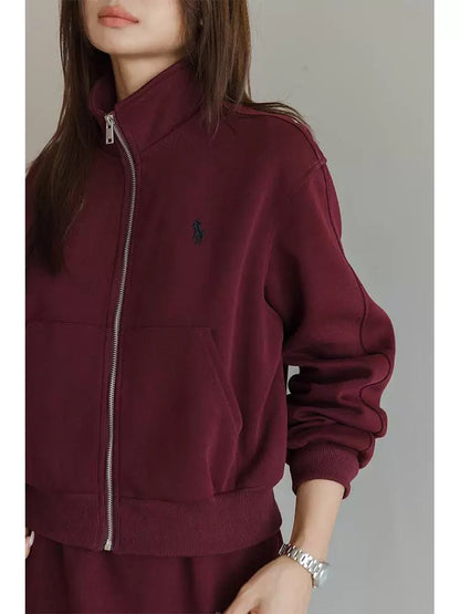 Wang Fei's burgundy casual sports suit skirt for women, a complete set of autumn wear, zipper sweatshirt, short skirt