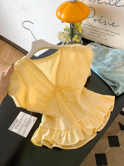 Yesterday's Romantic Korean Style Gentle Sweet Lace Ruffle Tie-Waist Slimming Short-Sleeve Shirt Top for Women, Summer