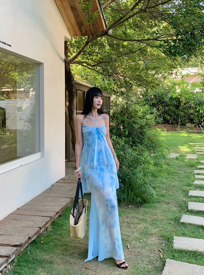 VENUIE Unique and Beautiful Chiffon Floral Print Long Blue Halter Neck Backless Dress
