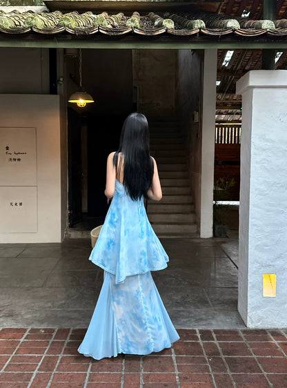 VENUIE Unique and Beautiful Chiffon Floral Print Long Blue Halter Neck Backless Dress