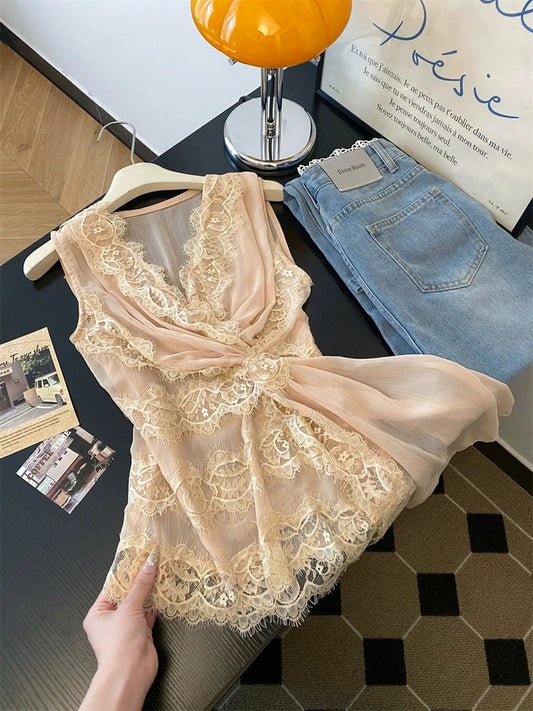 Jade Closet flagship store recommendation: A chic and stylish V-neck sleeveless lace blouse with a pure and alluring design.