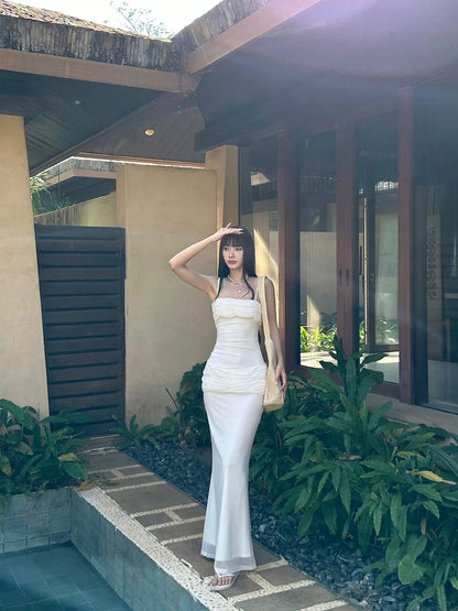 VENUIE White Spaghetti Strap Fishtail Dress for Women - High-End Design, Slimming Waist-Defining Pleated Sleeveless Bodycon Long Dress