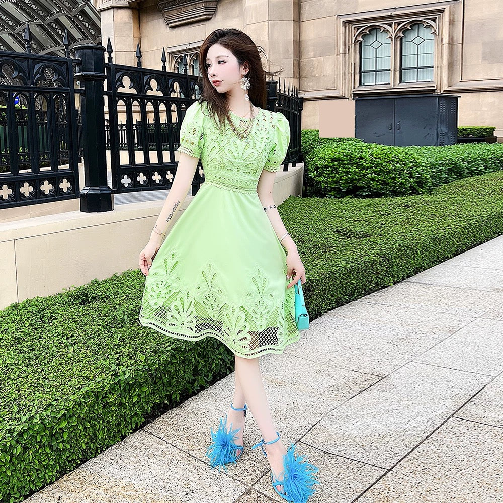 Summer women's clothing 2025 new hollow waist slimming A-line skirt high-end exquisite temperament pure dress