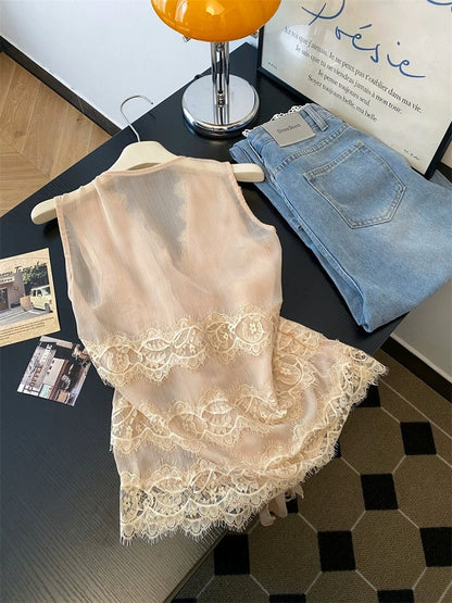 Jade Closet flagship store recommendation: A chic and stylish V-neck sleeveless lace blouse with a pure and alluring design.