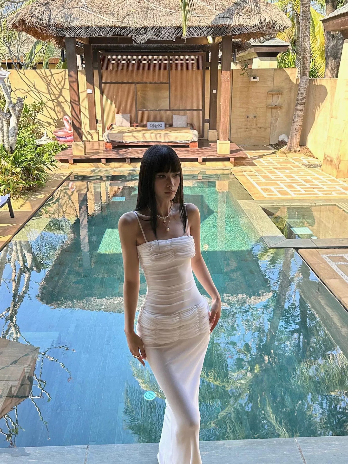 VENUIE White Spaghetti Strap Fishtail Dress for Women - High-End Design, Slimming Waist-Defining Pleated Sleeveless Bodycon Long Dress