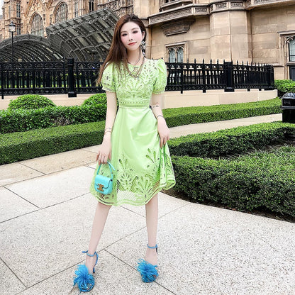 Summer women's clothing 2025 new hollow waist slimming A-line skirt high-end exquisite temperament pure dress