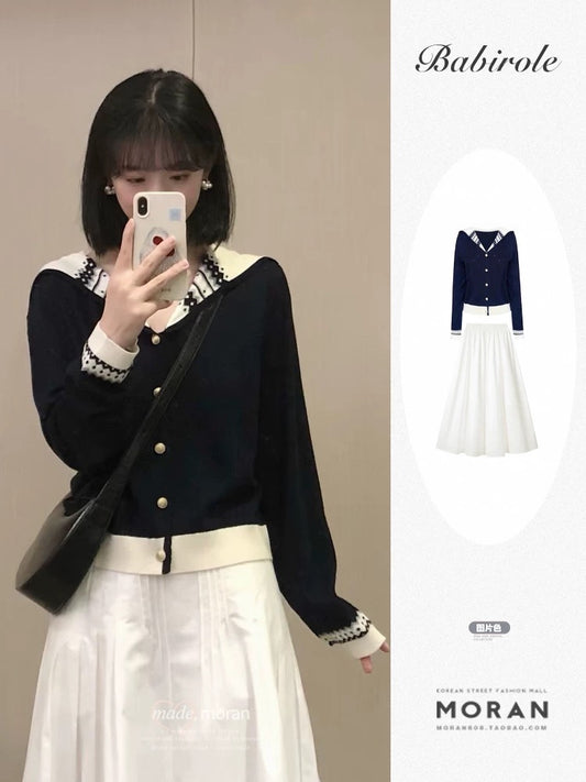 Korean college style navy collar knitted cardigan women's autumn and winter atmosphere wear sweater jacket skirt two-piece suit