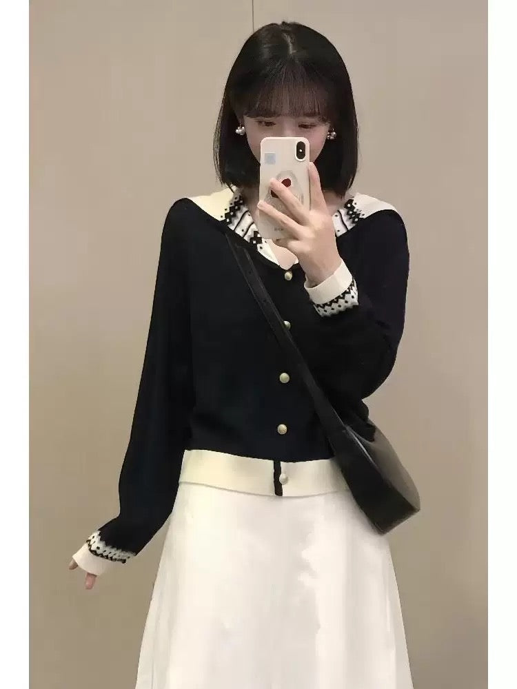 Korean college style navy collar knitted cardigan women's autumn and winter atmosphere wear sweater jacket skirt two-piece suit