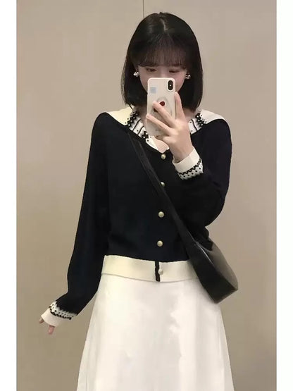 Korean college style navy collar knitted cardigan women's autumn and winter atmosphere wear sweater jacket skirt two-piece suit