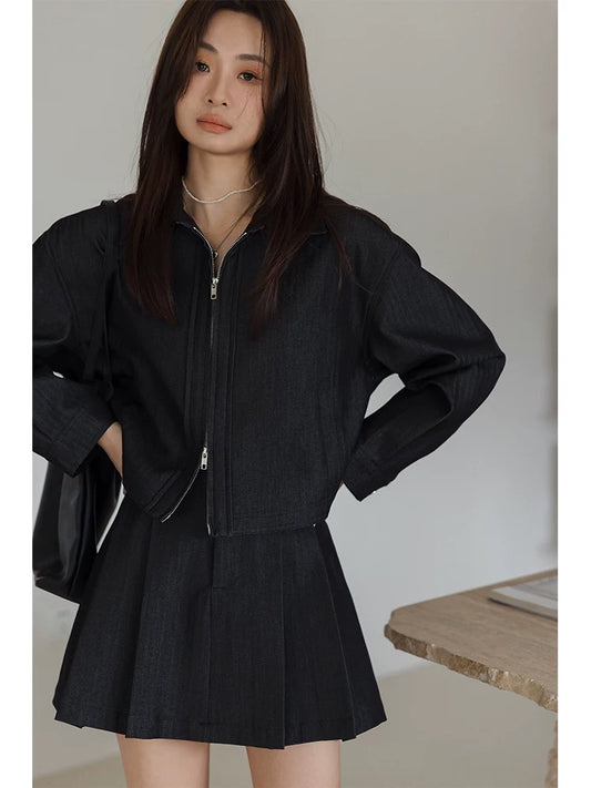Princess Black Soft Denim Suit Women's 2024 New Small Retro Short Jacket Pleated Skirt