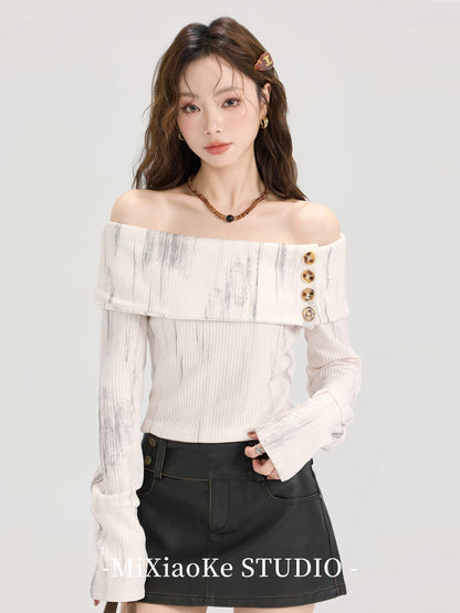 Mi Xiaoke French retro one-shoulder long-sleeved knitted sweater sweater for women autumn design small off-shoulder top
