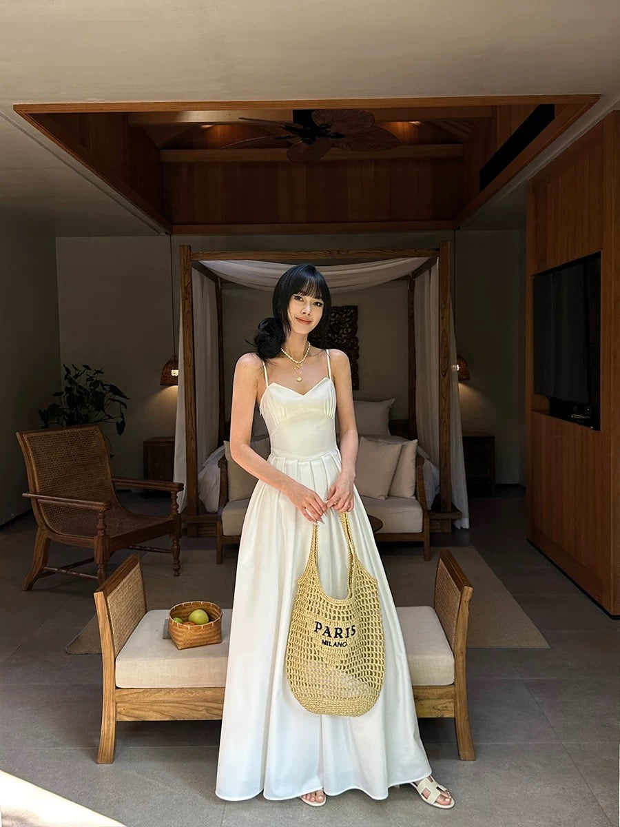 VENUIE White Fitted Waist Spaghetti Strap A-line Dress for Women, Spring Style, Simple High Waist V-neck Full Skirt Sleeveless Long Dress