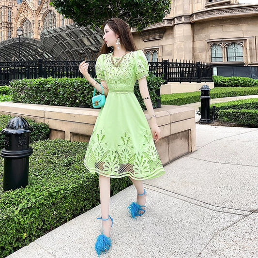 Summer women's clothing 2025 new hollow waist slimming A-line skirt high-end exquisite temperament pure dress