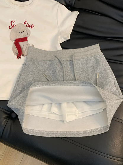 Looks good on everyone! Everyday style ~ White straight shoulder short-sleeved T-shirt for women summer all-match gray short skirt suit