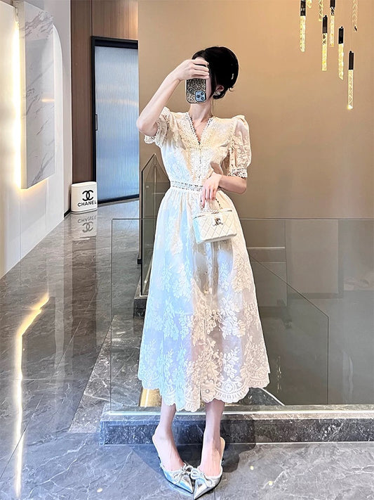 This year's popular 2025 new style women's summer long skirt elegant temperament lace puff sleeve white dress