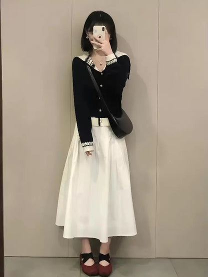 Korean college style navy collar knitted cardigan women's autumn and winter atmosphere wear sweater jacket skirt two-piece suit